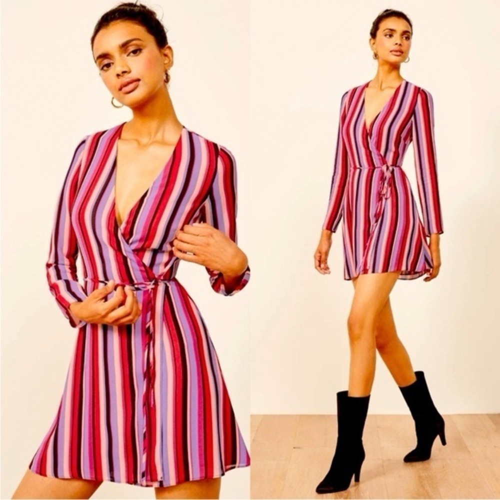 Reformation Gjelina Wrap Luisa Striped Dress Long Sleeve V Neck, size S